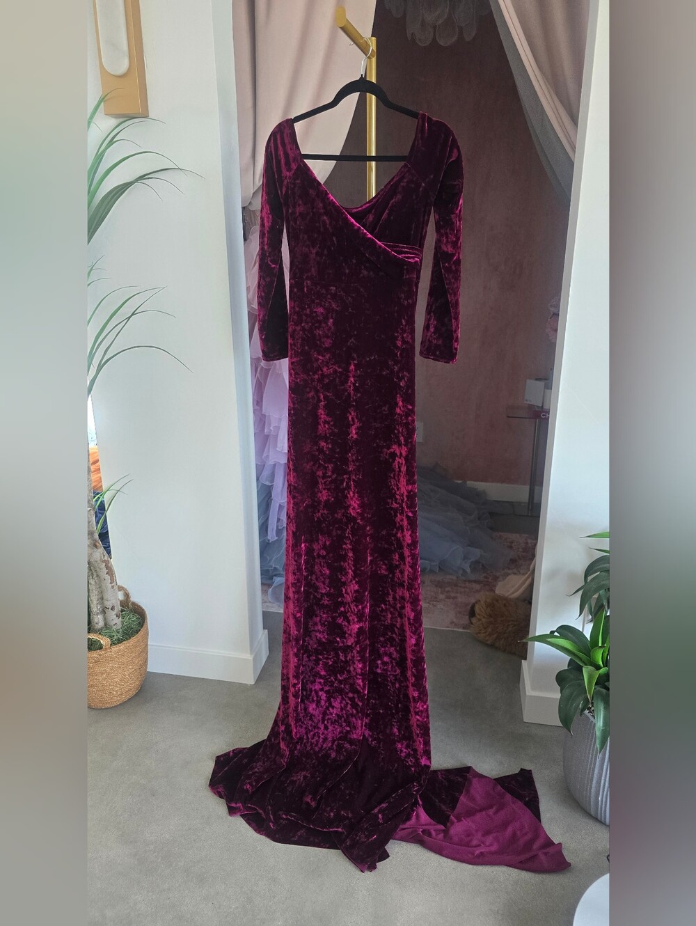 Maternity Crushed Velvet Long Sleeve Mermaid Maxi Dress Burgundy